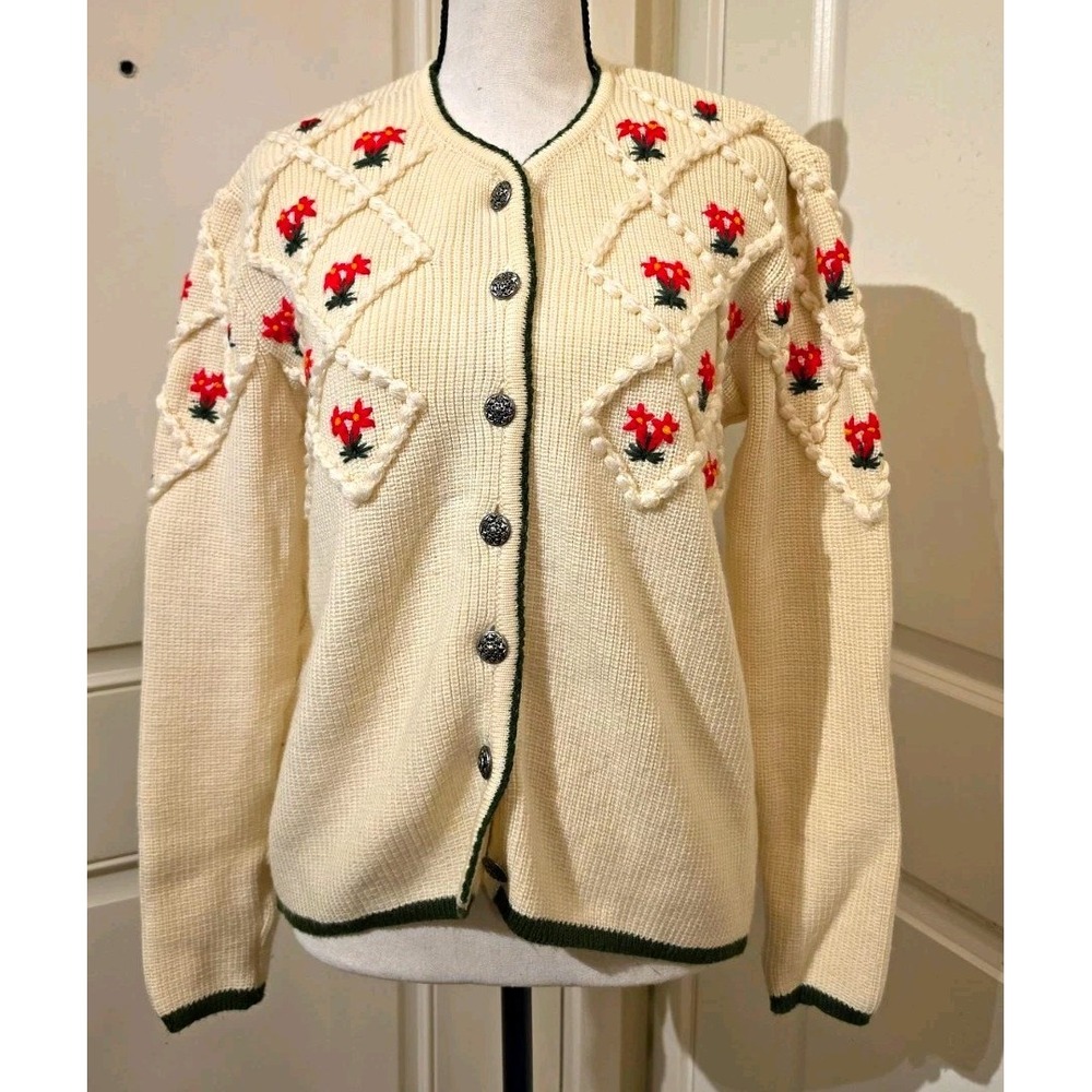 Pfister Womens S/M Ivory Knit Cardigan Sweater Crew Neck Floral Embroidered
